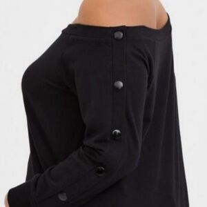 Torrid Off Shoulder Black Sweatshirt with Buttons Down the Arm- Black - 3X